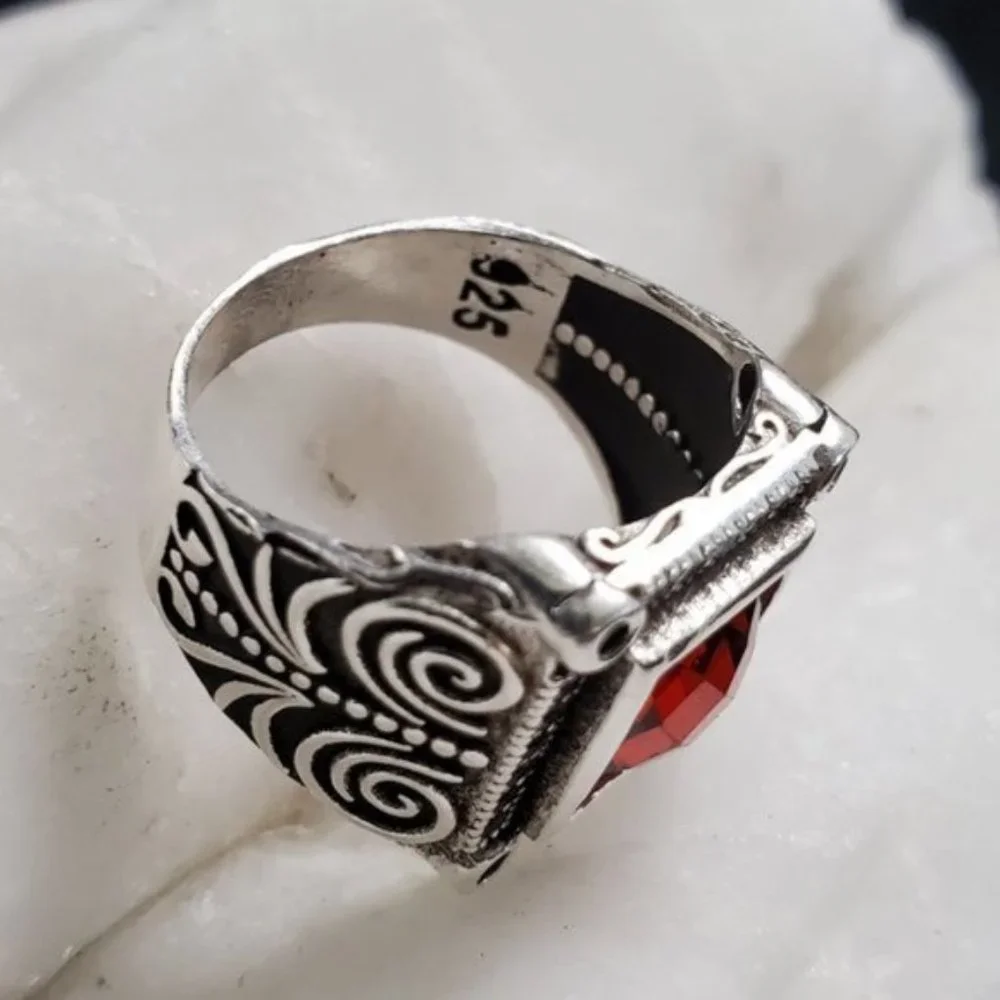 Men's Jewelry Solid Silver 925 Ring Natural Garnet/Black Topaz Man